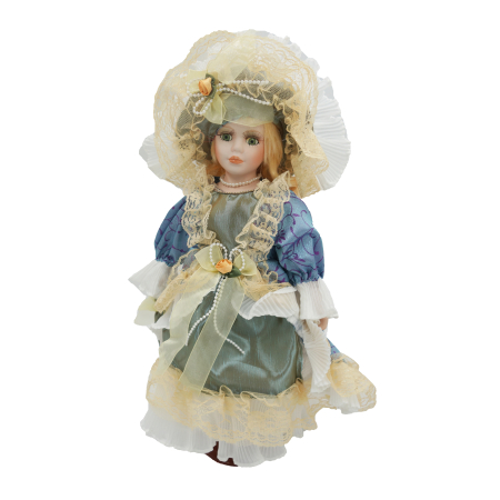 Păpușă de colecție, din porțelan, rochie vintage cu bonetă, cu suport, verde-mov, 43 cm [1]