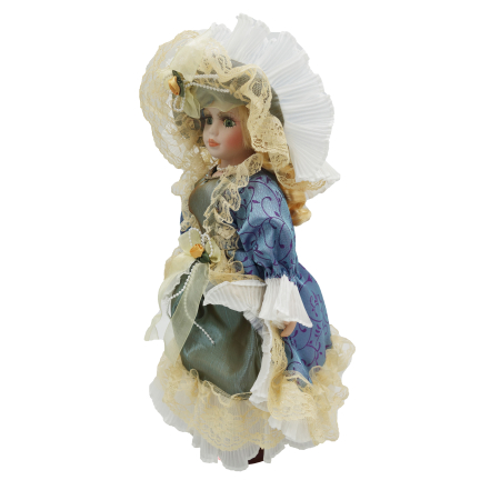 Păpușă de colecție, din porțelan, rochie vintage cu bonetă, cu suport, verde-mov, 43 cm [3]