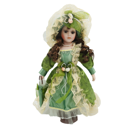 Păpușă de colecție, din porțelan, rochie vintage cu bonetă, cu suport, verde, 43 cm [3]