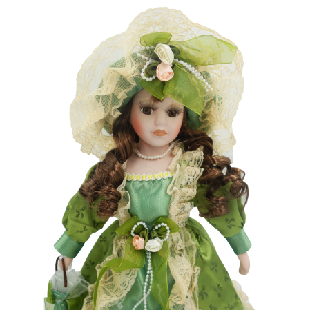 Păpușă de colecție, din porțelan, rochie vintage cu bonetă, cu suport, verde, 43 cm [4]
