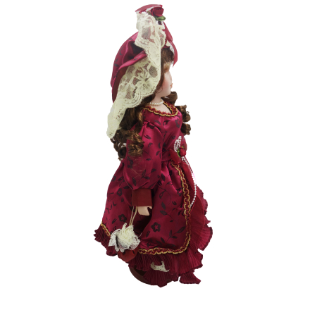 Păpușă de colecție, din porțelan, rochie vintage cu bonetă, cu suport, visiniu, 43 cm - Copie [2]