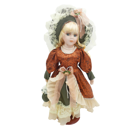 Păpușă de colecție, din porțelan, rochie vintage cu bonetă, cu suport, maro, 43 cm [3]