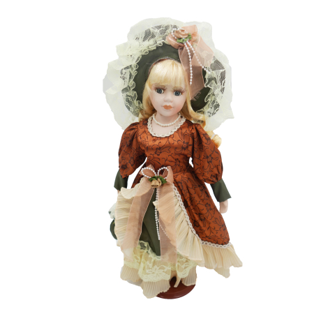 Păpușă de colecție, din porțelan, rochie vintage cu bonetă, cu suport, maro, 43 cm Papusi de colectie - Păpușă de colecție, din porțelan, rochie vintage cu bonetă, cu suport, maro, 43 cm
