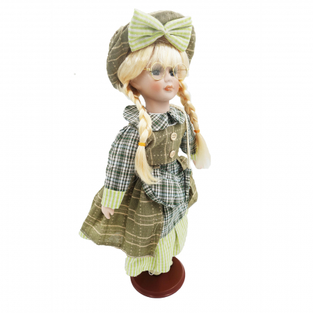 Păpușă de colecție, din porțelan, rochie vintage, cu suport, olive, 42 cm [2]