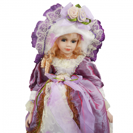 Păpușă de colecție, din porțelan, rochie vintage, cu suport din lemn, mov, 65 cm [1]