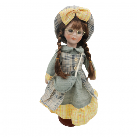 Păpușă de colecție, din porțelan, rochie vintage, cu suport, gri, 42 cm [3]