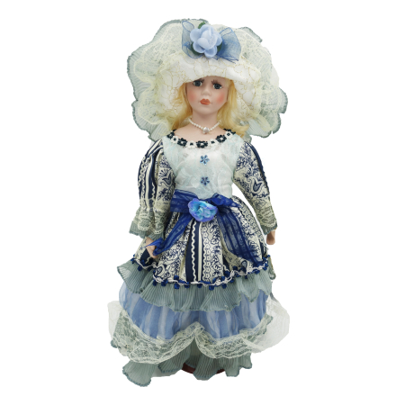 Păpușă de colecție, din porțelan, rochie victoriană, cu suport, alb-albastru, 43 cm Papusi de colectie - Păpușă de colecție, din porțelan, rochie victoriană, cu suport, alb-albastru, 43 cm