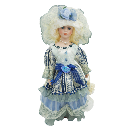 Păpușă de colecție, din porțelan, rochie victoriană, cu suport, alb-albastru, 43 cm [3]