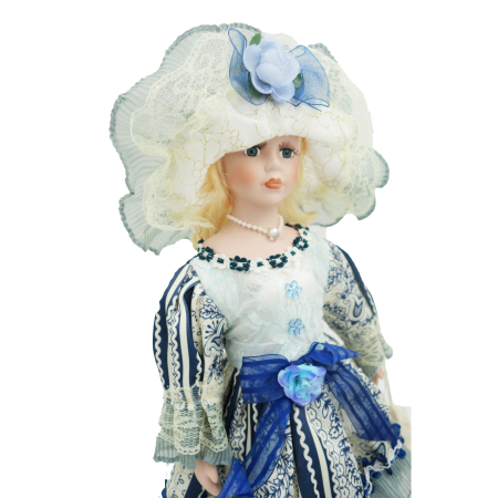 Păpușă de colecție, din porțelan, rochie victoriană, cu suport, alb-albastru, 43 cm [1]