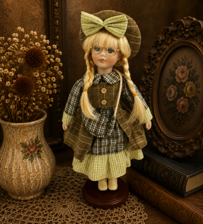 Jucarii - Păpușă de colecție, din porțelan, rochie vintage, cu suport, olive, 42 cm