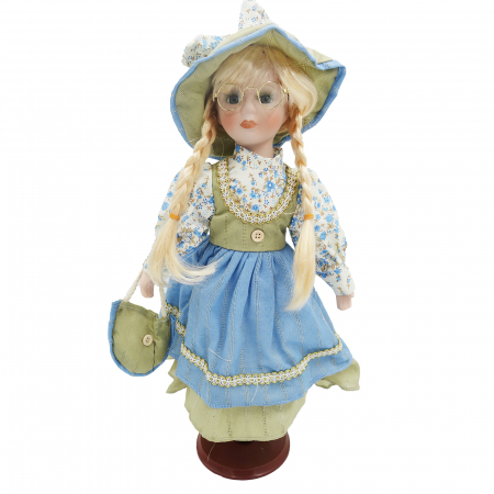 Papusi de colectie - Păpușă de colecție, din porțelan, rochie vintage, cu suport, albastru, 42 cm