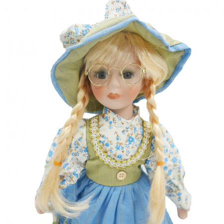 Păpușă de colecție, din porțelan, rochie vintage, cu suport, albastru, 42 cm [1]