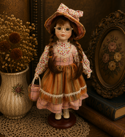 Papusi de colectie - Păpușă de colecție, din porțelan, rochie vintage, cu suport, roz deschis, 42 cm