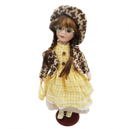 Păpușă de colecție, din porțelan, rochie vintage, cu suport, galben, 42 cm [1]