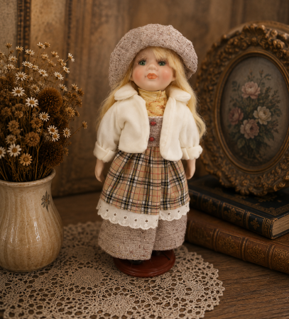 Papusi de colectie - Păpușă de colecție, din porțelan, rochie vintage in carouri, 35 cm, alb/gri