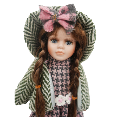 Păpușă de colecție, din porțelan, rochie vintage in carouri, 35 cm, roz/verde [3]
