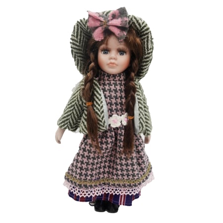 Papusi de colectie - Păpușă de colecție, din porțelan, rochie vintage in carouri, 35 cm, roz/verde