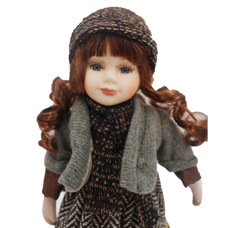Păpușă de colecție, din porțelan, rochie vintage in carouri, 35 cm, fata zambitoare, gri [2]