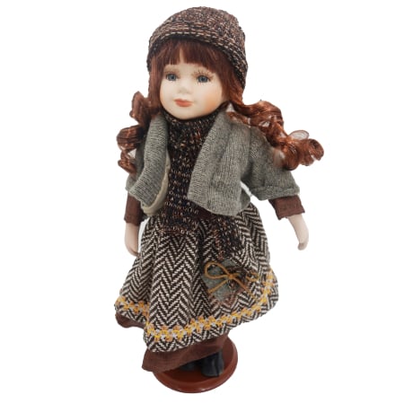 Papusi de colectie - Păpușă de colecție, din porțelan, rochie vintage in carouri, 35 cm, fata zambitoare, gri