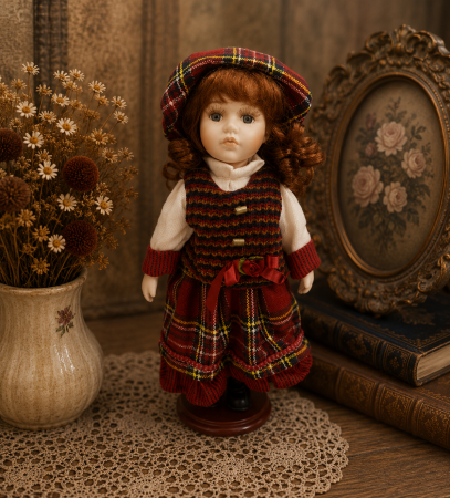 Papusi de colectie - Păpușă de colecție, din porțelan, rochie vintage in carouri, 35 cm, maro