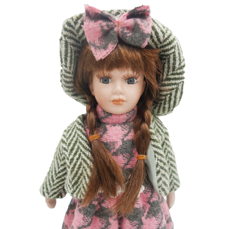 Păpușă de colecție, din porțelan, rochie vintage in carouri, 35 cm,roz/gri [3]