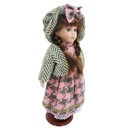 Păpușă de colecție, din porțelan, rochie vintage in carouri, 35 cm,roz/gri [1]