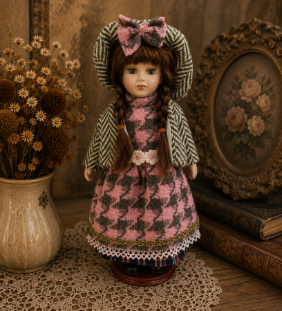 Papusi de colectie - Păpușă de colecție, din porțelan, rochie vintage in carouri, 35 cm,roz/gri