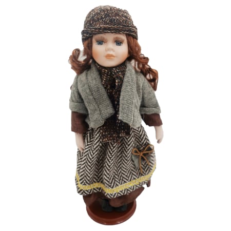 Papusi de colectie - Păpușă de colecție, din porțelan, rochie vintage in carouri, 35 cm, gri