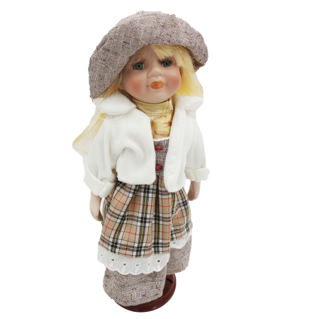 Păpușă de colecție, din porțelan, rochie vintage in carouri, 35 cm, alb/gri [1]