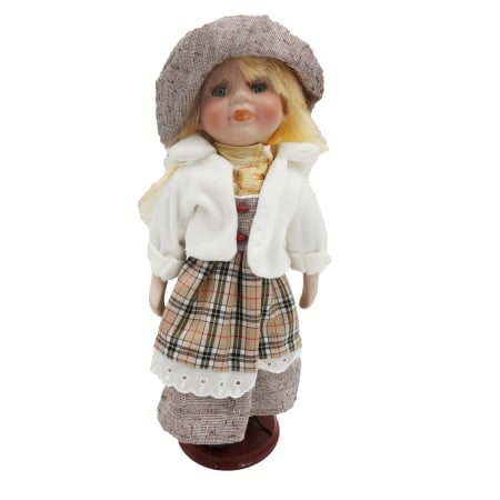 Papusi de colectie - Păpușă de colecție, din porțelan, rochie vintage in carouri, 35 cm, alb/gri