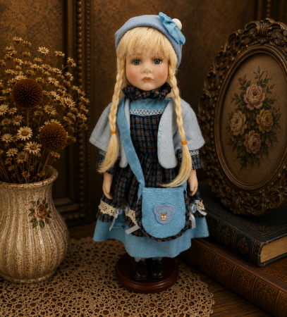 Papusi de colectie - Păpușă de colecție, din porțelan, ținută casual vintage, albastra, cu suport, 45 cm