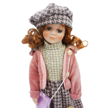 Păpușă de colecție, din porțelan, ținută casual vintage, roz-pudrat, cu suport, 45 cm [2]