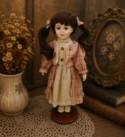 Papusi de colectie - Păpușă de colecție, din porțelan, ținută casual vintage, crem, cu suport, 45 cm