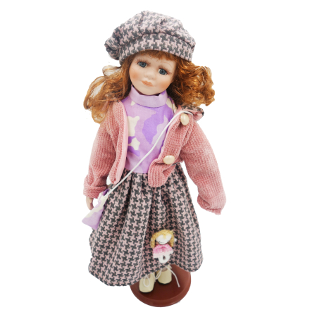 Papusi de colectie - Păpușă de colecție, din porțelan, ținută casual vintage, roz fucsia, cu suport, 45 cm