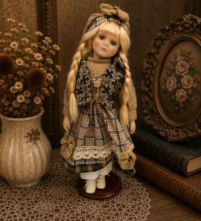 Papusi de colectie - Păpușă de colecție, din porțelan, ținută casual vintage, maro-floral cu suport, 45 cm