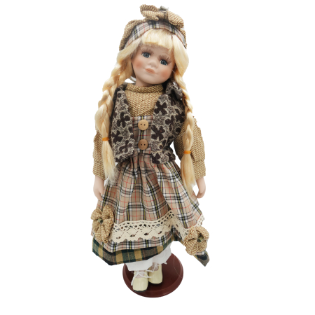 Papusi de colectie - Păpușă de colecție, din porțelan, ținută casual vintage, maro-floral cu suport, 45 cm