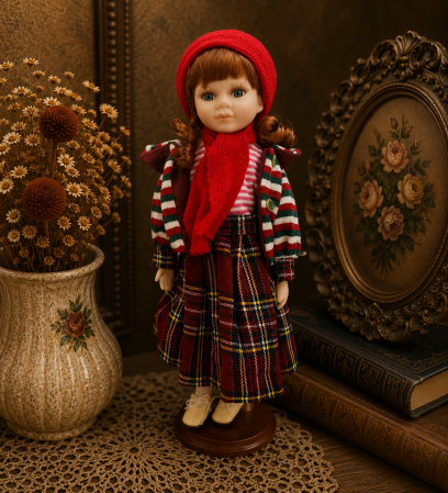 Papusi de colectie - Păpușă de colecție, din porțelan, ținută casual vintage, rosie, cu suport, 45 cm