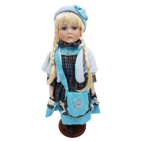 Papusi de colectie - Păpușă de colecție, din porțelan, ținută casual vintage, albastra, cu suport, 45 cm