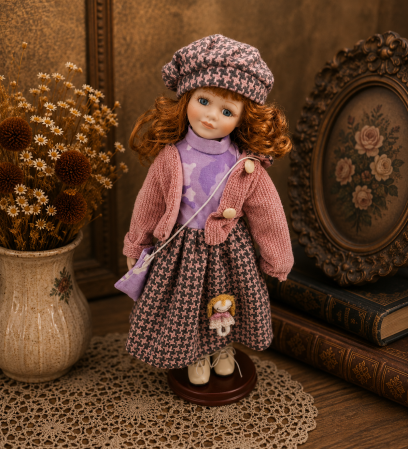 Papusi de colectie - Păpușă de colecție, din porțelan, ținută casual vintage, roz fucsia, cu suport, 45 cm