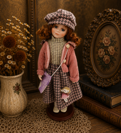 Papusi de colectie - Păpușă de colecție, din porțelan, ținută casual vintage, roz-pudrat, cu suport, 45 cm