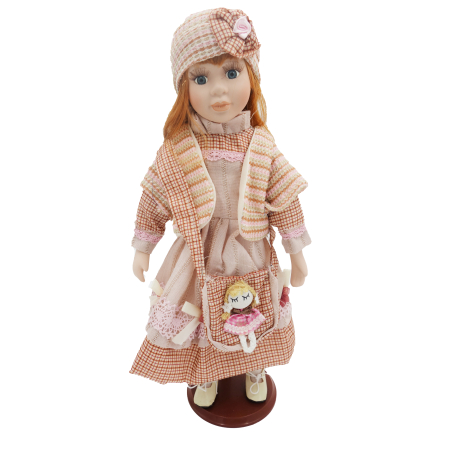 Papusi de colectie - Păpușă de colecție, din porțelan, ținută casual vintage, roz-somon, cu suport, 45 cm