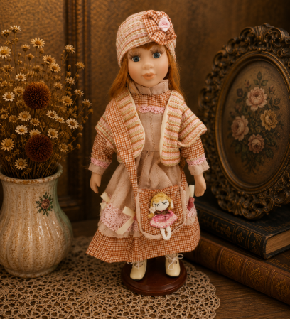 Papusi de colectie - Păpușă de colecție, din porțelan, ținută casual vintage, roz-somon, cu suport, 45 cm