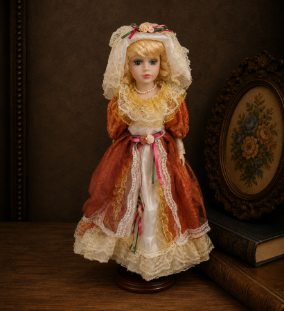 Jucarii - Papusa de colectie, rochie victoriana, cu suport, portocaliu, 40 cm