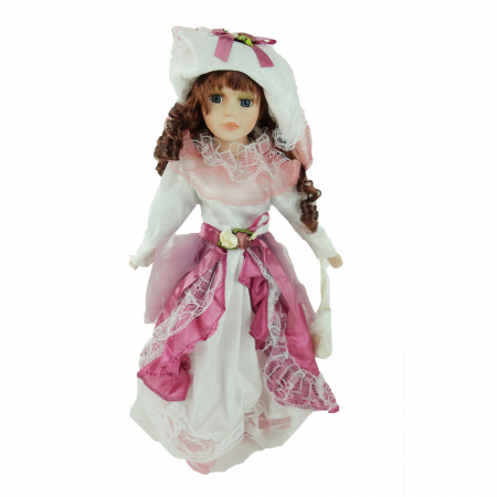 Papusi de colectie - Papusa de colectie, stil Victorian, cu suport, roz cu alb, 40 cm