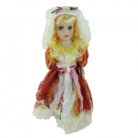 Papusi de colectie - Papusa de colectie, stil Victorian, cu suport, portocaliu, 40 cm