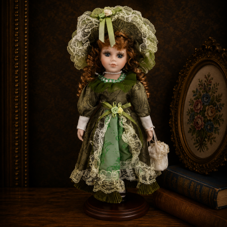 Papusi de colectie - Păpușă de colecție verde smarald, din porțelan, rochie clasica eleganta, 34 cm