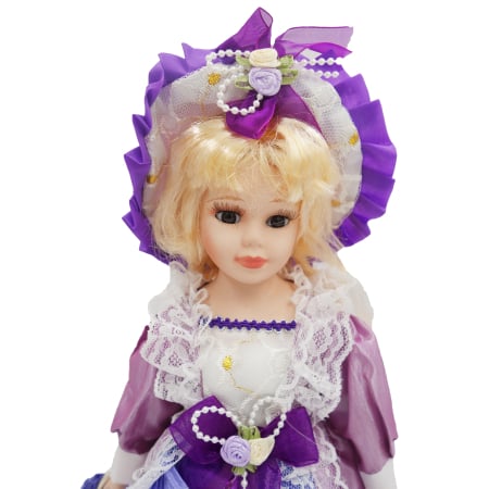Păpușă de colecție, din porțelan, rochie vintage, 34 cm, mov [1]