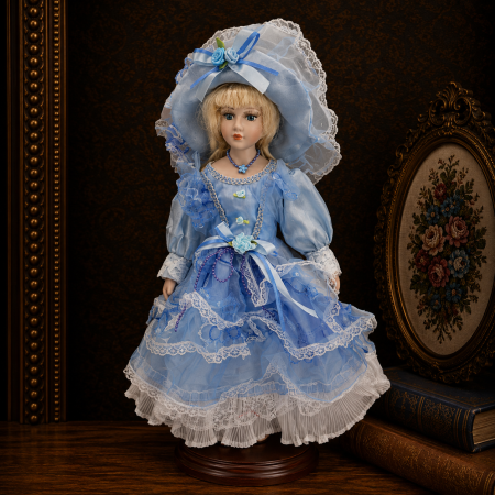 Papusi de colectie - Păpușă din porțelan, de colecție, rochie clasica eleganta, albastru, cu suport, 45 cm