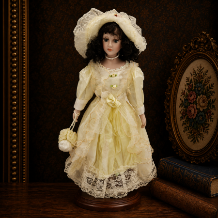 Papusi de colectie - Păpușă din porțelan, de colecție, rochie clasica eleganta, galben, cu suport, 45 cm