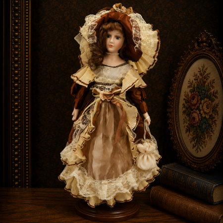 Papusi de colectie - Păpușă din porțelan, de colecție, rochie clasica eleganta, maro, cu suport, 45 cm